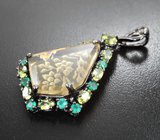 Серебряный кулон с резным цитрином, перидотами и хризопразами