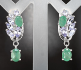 Превосходные серебряные серьги с изумрудами и танзанитами