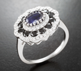 Великолепное серебряное кольцо с насыщенно-синими сапфирами и черными шпинелями Серебро 925