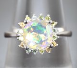 Праздничное серебряное кольцо с ограненным эфиопским опалом и сапфирами