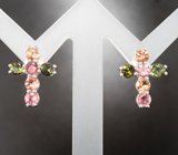 Оригинальные серебряные серьги с разноцветными турмалинами