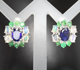 Превосходные серебряные серьги с насыщенно-синими сапфирами, эфиопскими опалами и цаворитами