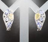 Серебряные серьги с ограненными эфиопскими опалами и танзанитами