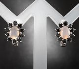 Чудесные серебряные серьги с розовым кварцем и черными шпинелями