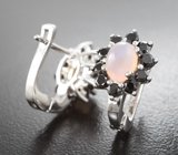 Чудесные серебряные серьги с розовым кварцем и черными шпинелями