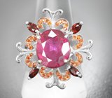 Серебряное кольцо с крупным рубином 7,83 карата и альмандинами гранатами