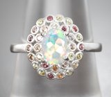 Праздничное серебряное кольцо с ограненным эфиопским опалом и сапфирами