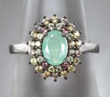 Серебряное кольцо с изумрудом и разноцветными сапфирами