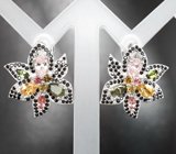 Праздничные серебряные серьги с разноцветными турмалинами и черными шпинелями