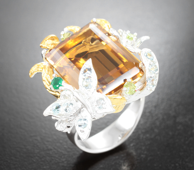 Серебряное кольцо с цитрином, голубыми топазами, хризопразом, диопсидом и перидотами