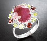 Серебряное кольцо с крупным рубином, перидотами и альмандинами гранатами Серебро 925