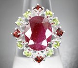 Серебряное кольцо с крупным рубином, перидотами и альмандинами гранатами Серебро 925