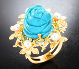 Золотое кольцо с крупной резной армянской бирюзой 15,99 карата, морским жемчугом и бриллиантами