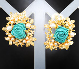 Массивные золотые серьги с резной армянской бирюзой 10,65 карата, россыпью морского жемчуга и бриллиантов