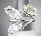 Кольцо с гелиодором высокой чистоты 1,65 карата, пастельно-розовым морганитом 1,95 карата и аквамарином 1,38 карата