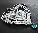 Брошь/кулон с лунным камнем, «неоновыми» апатитами, флюоритами, кианитами, иолитом, бесцветными цирконами, лавандовым и синими сапфирами