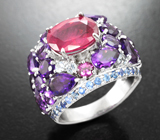Шикарное серебряное кольцо с ярким рубином, уругвайскими аметистами, топазами и васильковыми сапфирами Серебро 925