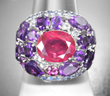 Шикарное серебряное кольцо с ярким рубином, уругвайскими аметистами, топазами и васильковыми сапфирами Серебро 925