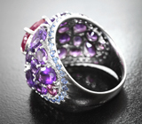 Шикарное серебряное кольцо с ярким рубином, уругвайскими аметистами, топазами и васильковыми сапфирами Серебро 925