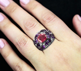 Шикарное серебряное кольцо с ярким рубином, уругвайскими аметистами, топазами и васильковыми сапфирами Серебро 925