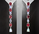 Великолепные серебряные серьги с кристаллическими эфиопскими опалами, рубинами и танзанитами Серебро 925