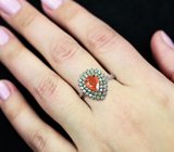 Эффектное серебряное кольцо с мексиканским огненным опалом и разноцветными сапфирами