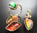 Комплект с аммолитами аммонита 15,58 карата, рубиновой шпинелью, цитрином, диопсидом, васильковым и желтым сапфиром