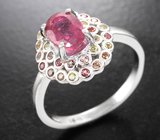 Яркое cеребряное кольцо с рубином и разноцветными сапфирами