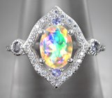Изысканное серебряное кольцо с ярким ограненным эфиопским опалом и танзанитами