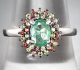 Праздничное серебряное кольцо с изумрудом и разноцветными сапфирами Серебро 925