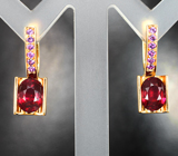 Золотые серьги с эталонными насыщенными сверкающими рубинами 3,54 карата и сиреневыми сапфирами Золото
