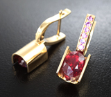Золотые серьги с эталонными насыщенными сверкающими рубинами 3,54 карата и сиреневыми сапфирами Золото