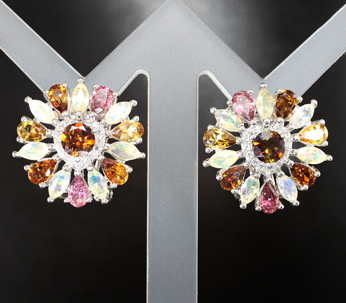 Праздничные серебряные серьги с цитринами, турмалинами и ограненными эфиопскими опалами