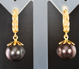 Золотые серьги с черным жемчугом титанового люстра 17,35 карата и бриллиантами