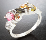 Оригинальное серебряное кольцо с разноцветными турмалинами