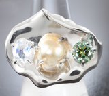 Кольцо с зеленым муассанитом высокой чистоты 1 карат, жемчужиной Keshi 5 карат и ограненным лунным камнем 0,84 карата
