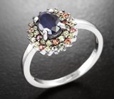 Серебряное кольцо с насыщенно-синим и разноцветными сапфирами бриллиантовой огранки
