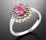 Серебряное кольцо с ярким рубином и разноцветными сапфирами бриллиантовой огранки Серебро 925