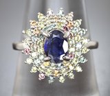 Праздничное серебряное кольцо с насыщенно-синим и разноцветными сапфирами бриллиантовой огранки Серебро 925