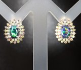 Праздничные серебряные серьги с ограненными черными опалами и разноцветными сапфирами бриллиантовой огранки