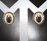 Эффектные серебряные серьги с насыщенно-синими сапфирами и черными шпинелями