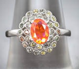 Яркое серебряное кольцо с ограненным мексиканским опалом и разноцветными сапфирами бриллиантовой огранки Серебро 925