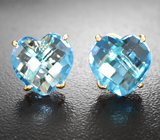 Крупные золотые пусеты с ярко-голубыми топазами редкой огранки 9,98 карата