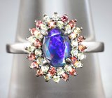 Праздничное серебряное кольцо с ограненным черным опалом и разноцветными сапфирами бриллиантовой огранки