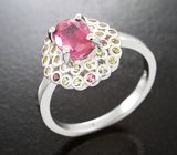 Серебряное кольцо с ярким рубином и разноцветными сапфирами бриллиантовой огранки Серебро 925
