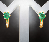 Золотые серьги с яркими сочно-зелеными уральскими изумрудами 1,3 карата и бриллиантами Золото