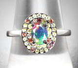 Праздничное серебряное кольцо с ограненным черным опалом и разноцветными сапфирами бриллиантовой огранки Серебро 925