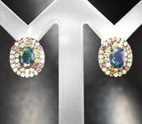 Праздничные серебряные серьги с ограненными черными опалами и разноцветными сапфирами бриллиантовой огранки Серебро 925