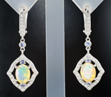 Чудесные серебряные серьги с ограненными эфиопскими опалами и танзанитами Серебро 925