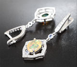 Чудесные серебряные серьги с ограненными эфиопскими опалами и танзанитами Серебро 925